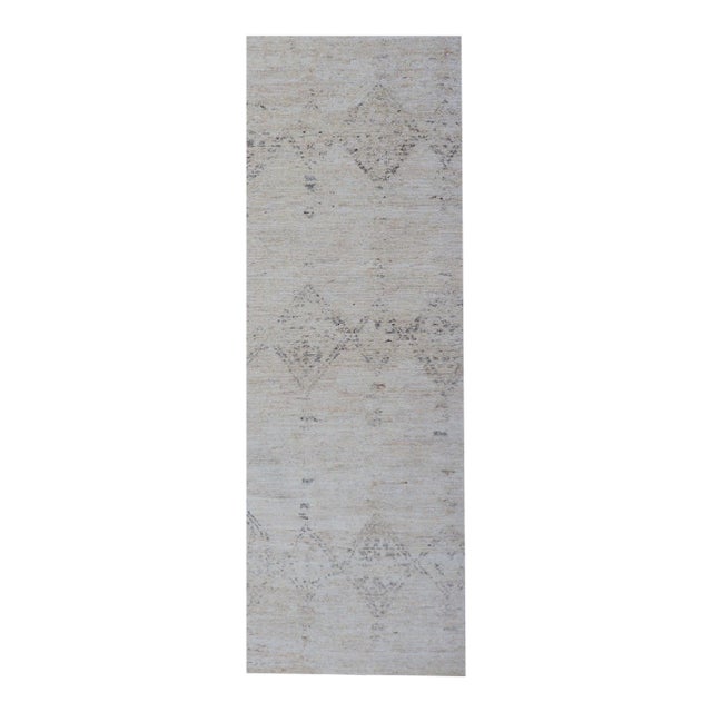Long Modern Gallery Runner in Neutrals With Moroccan Styled Diamond Design For Sale