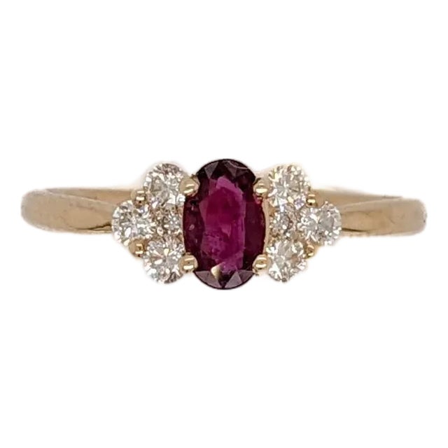 Dainty Ruby Ring W Natural Diamond Accents in Solid 14k Yellow Gold | Oval 6x4mm, Size 6.75 For Sale