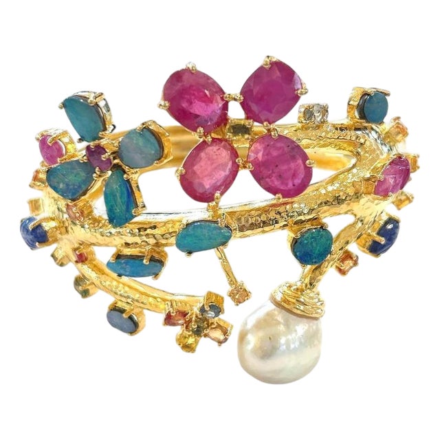 Bochic "Capri" Natural Ruby, Sapphire & Blue Opal Bangle Set In 18k Gold&Silver For Sale