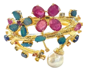Bochic "Capri" Natural Ruby, Sapphire & Blue Opal Bangle Set In 18k Gold&Silver