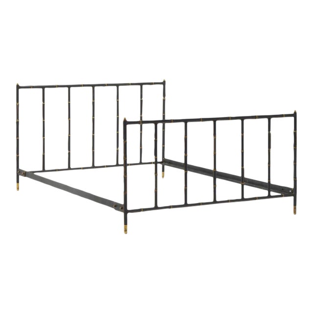 Jacques Adnet Hermes Leather and Brass Full Size Bed Frame, France 1950 For Sale