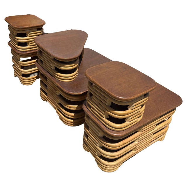 Brown Mid-Century Two-Tier Stacked Rattan & Mahogany Coastal Side & Corner Table Set For Sale - Image 8 of 10