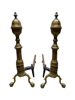 Chippendale 19th Century Brass Andirons With Ball & Claw Feet and Acorn Finials – American