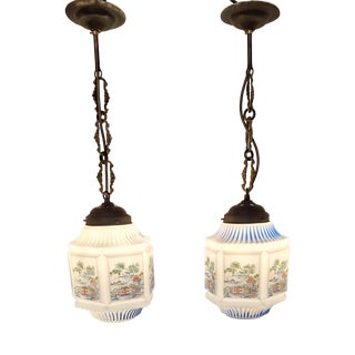 Antique German Art Nouveau Pendants with Opaque White Glass Shades, Japanese Motifs and Brass Mounts, 1900s, Set of 2 For Sale