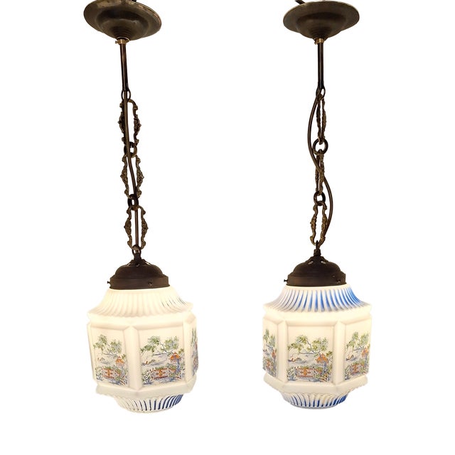 Antique German Art Nouveau Pendants with Opaque White Glass Shades, Japanese Motifs and Brass Mounts, 1900s, Set of 2 For Sale