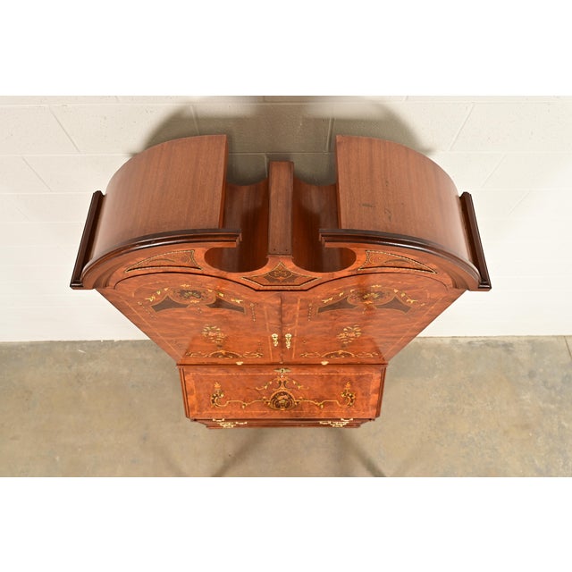 Baker Furniture Style Georgian Burl Wood Inlaid and Hand Painted Drop Front Secretary Desk With Bookcase Hutch Top For Sale - Image 12 of 15