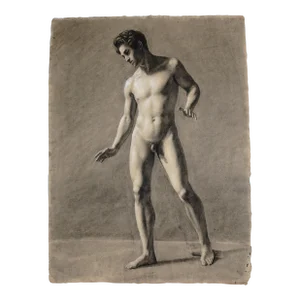 Antique French Academic Male Nude Portrait Study Charcoal Life Drawing