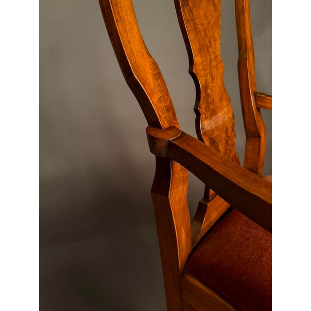 Oxblood Red Set of 8 English Queen Anne Style Dining Chairs, Burl Walnut & Beechwood, 2 Armchairs and 6 Side Chairs, Circa 1890 For Sale - Image 8 of 13
