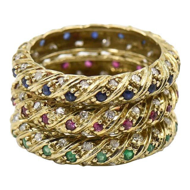 Set of Ruby Emerald Sapphire Stacking Gold Bands with Diamonds - 3 Pieces, Ring size 6 - 6.25 For Sale