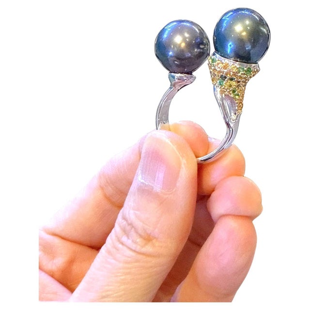 Bochic “Orient” Vintage South Sea Pearl & Fancy Sapphires Ring Set 18K Gold & Si For Sale - Image 4 of 9