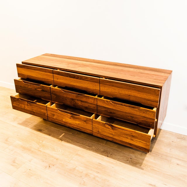 1960s Solid Walnut Nine Drawer Lowboy Dresser With Sculpted Pulls For Sale - Image 9 of 14