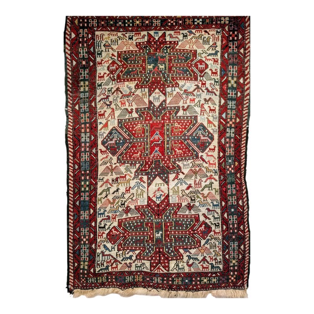 Antique Caucasian Soumak Area Rug, Handwoven Wool, Tribal Bird Motifs Design, 3' x 5' For Sale