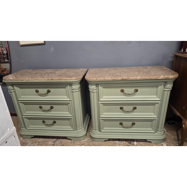 A pair of bedside chests by Stanley Furniture. They are refinished in a light sage green chalk paint with a professional...