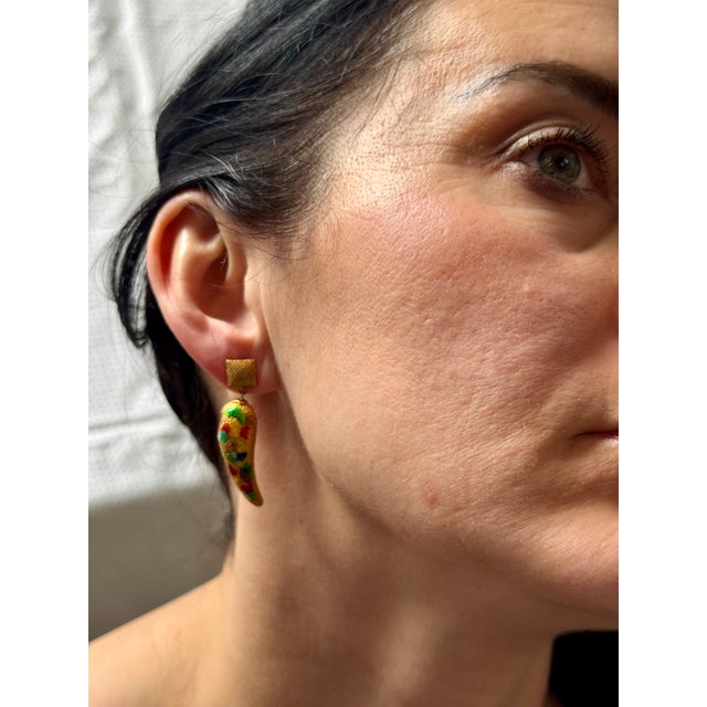 Vintage Enemel 14 Kt Yellow Gold 10.4 Gm Dangling Earrings, 1.6 Inch Long For Sale - Image 9 of 18