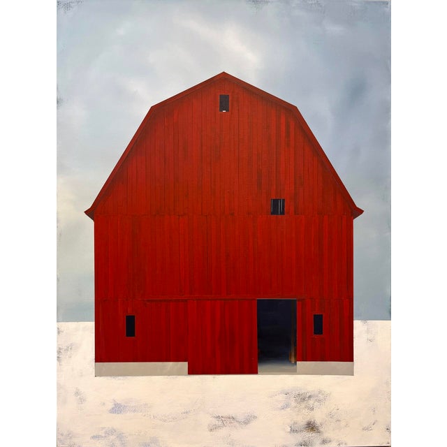 Midwinter by Justin Wheatley | Acrylic on Canvas Red Barn in Snow For Sale
