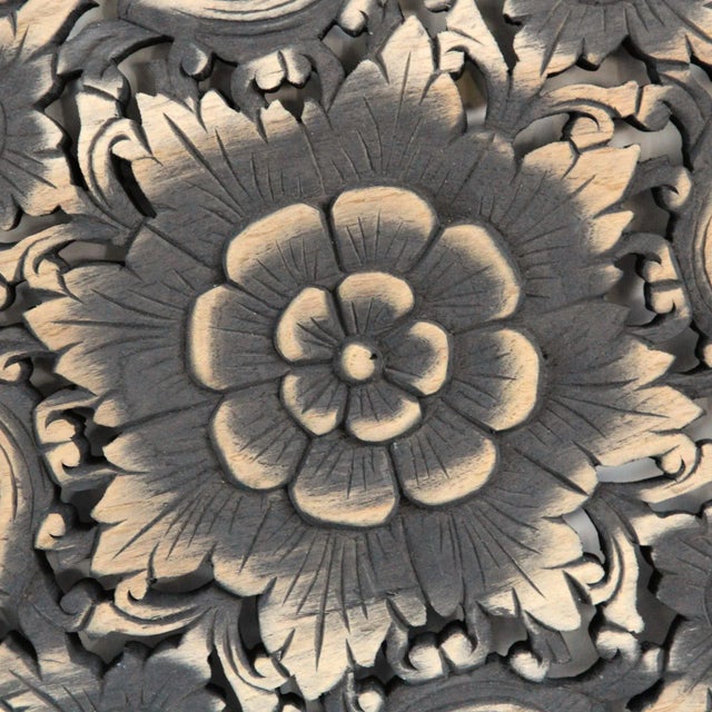 Hand carved teak medallion panel are a traditionally made by Burmese artisans with intricate floral designs and antiqued...