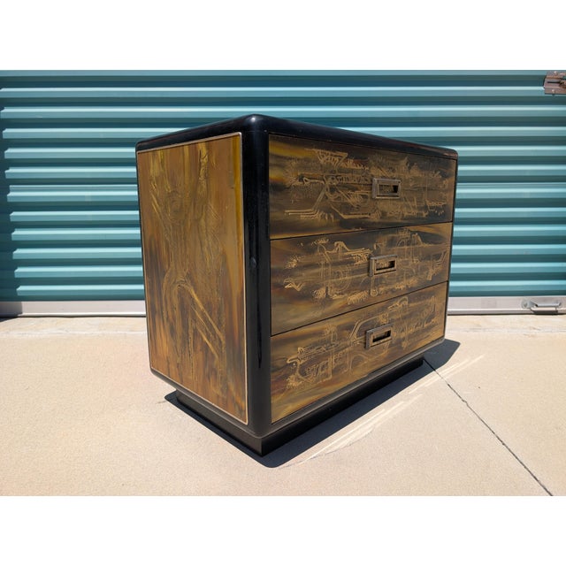 Wood 1970s Acid-Etched Brass & Ebony Lacquer Chest by Bernhard Rohne for Mastercraft For Sale - Image 7 of 12