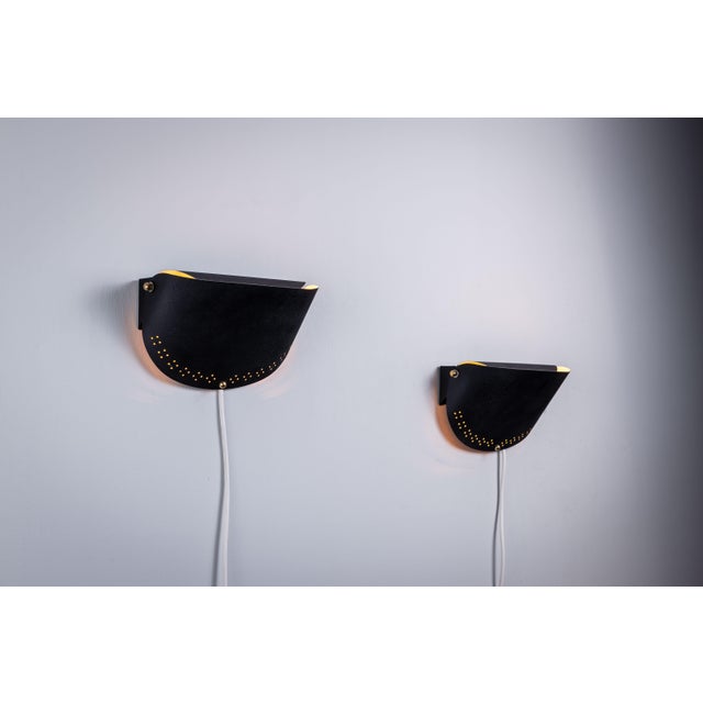 Matte Black Wall Lamps with Perforated Shades and Brass Details, Set of 2 For Sale - Image 5 of 16