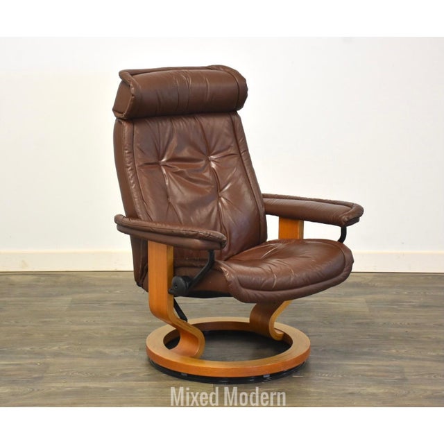 Ekornes Brown Leather Teak Stressless Recliner Chairish