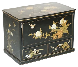 Vintage Chinese Chinoiserie TV Media Stand in Black Lacquered Paint with Bird & Flowers