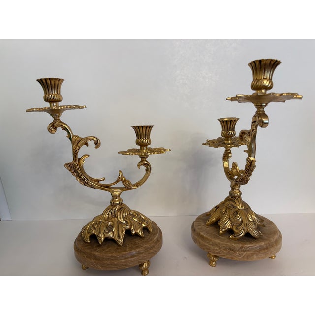 1960s Hollywood Regency Palm Tree Brass Candleabras on a Marble Base - A Pair For Sale - Image 9 of 10