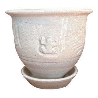 Vintage Crackle Glaze Ceramic Planter With Attached Saucer, French Country Style For Sale