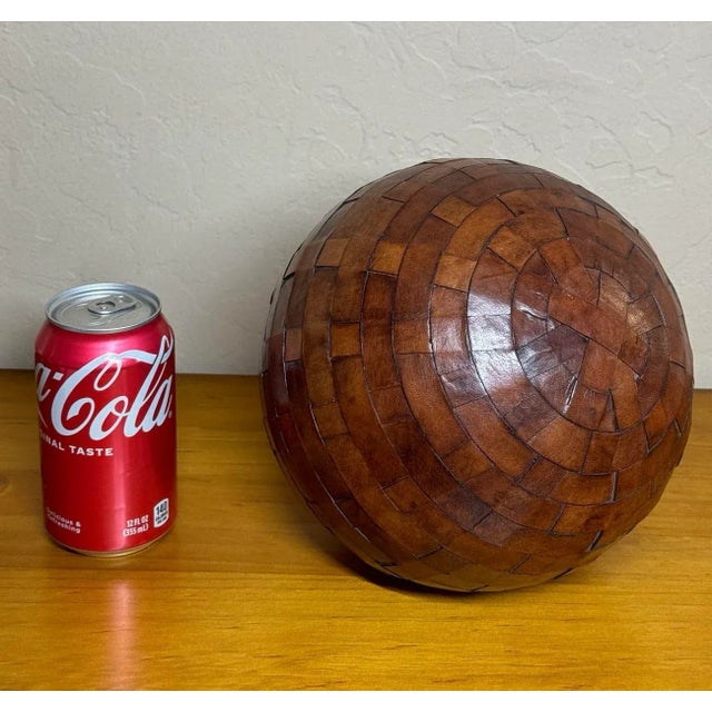 Vintage Large Basket Weave Leather Clad Wood Decorative Ball Sphere Orb For Sale - Image 11 of 12