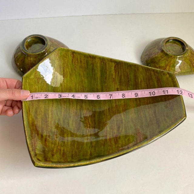 Avocado Mid Century 1960s Centerpiece Bowl and Candle Holders Avocado Glaze Ceramic Set of 3 For Sale - Image 8 of 10