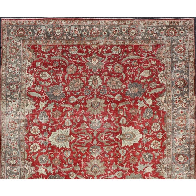 English Antique Persian Fine Weave Tabriz in Red Background With Earth Tones 8'5" X 11'8" For Sale - Image 3 of 12