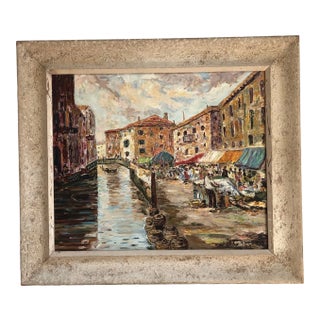 1954 Venetian Cityscape Oil Painting, Framed For Sale