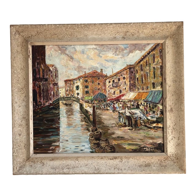1954 Venetian Cityscape Oil Painting, Framed For Sale