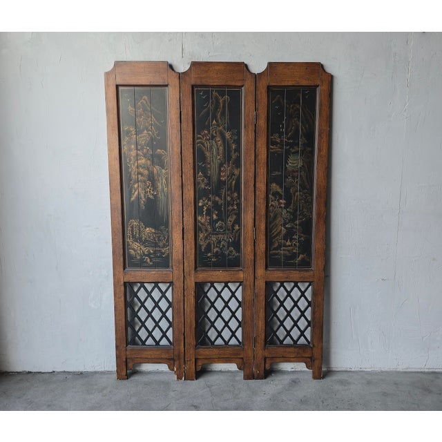 This 1980's Hand Painted Chinoiserie Style 3 Panel Divider would make a nice addition to many decor styles. Featuring a...