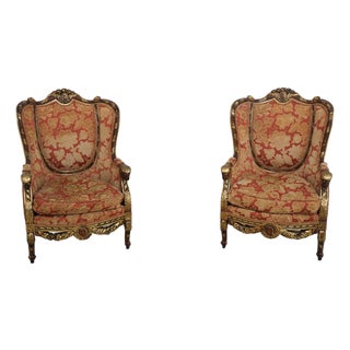 Pair of Louis XV Style Carved Bergere Wing Chairs For Sale