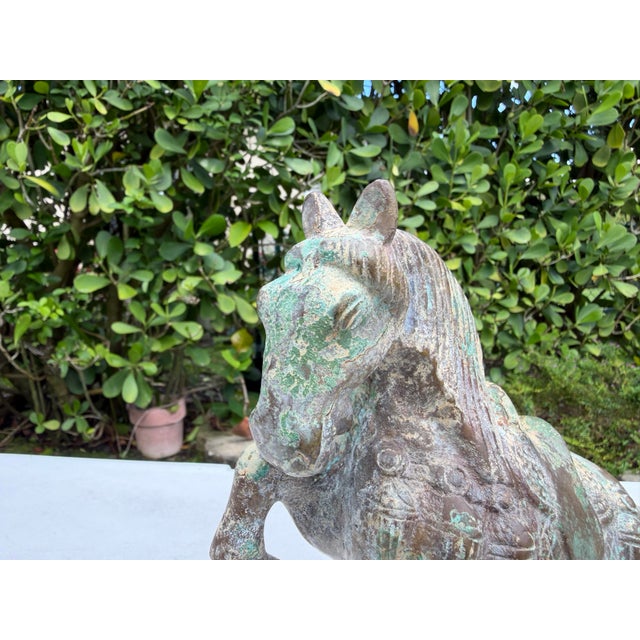 Vintage Bronze Asian Horse Sculpture With Natural Verdigris Patina For Sale - Image 11 of 12