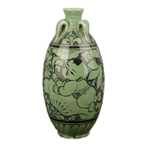 Vintage Chinese Porcelain Song Cizhou Kiln Green Glaze Porcelain Vase Hand Carved Yingxi Pattern | Cizhou Ware Ceramic Bottle