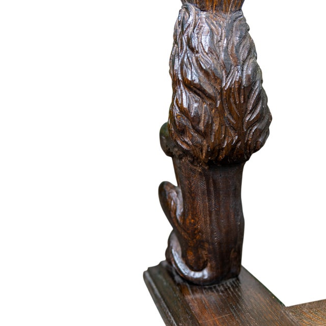 19th C English Oak Heraldic Hall Bench With Fortuny Upholstered Cushion For Sale - Image 10 of 17
