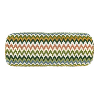 Scalamandre 21" x 7" Rainbow Mountain Crewel Bolster Pillow in Forest Clay For Sale