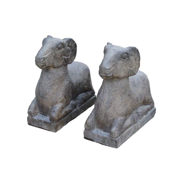 Chinese Chinese Look Gray Color Crouching Ram Stone Statues - a Pair For Sale - Image 3 of 7