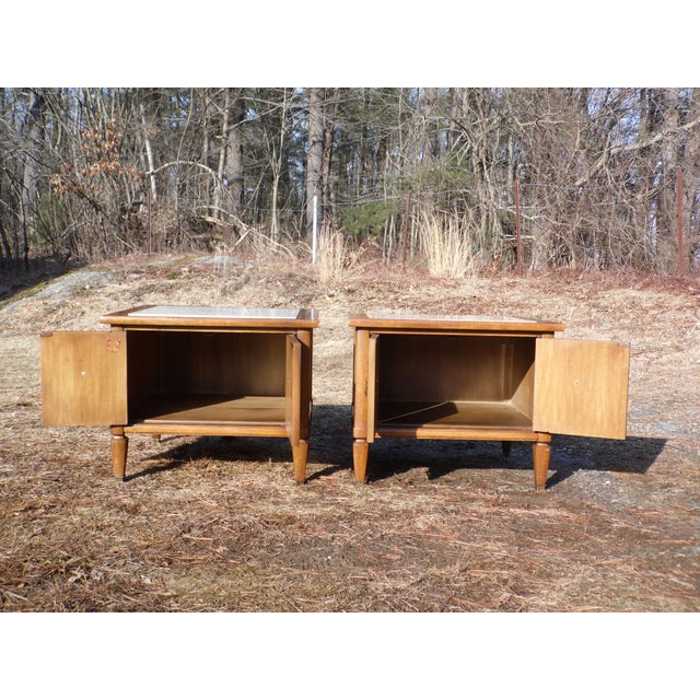 Pair Vintage Mid Century Modern Travertine & Walnut End Tables Bedside