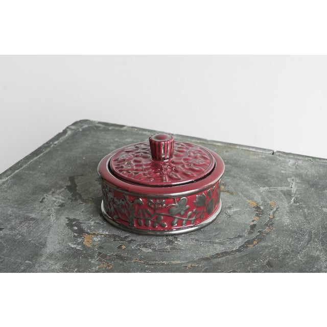 Boch Frères Keramis Pink Lidded Bowl with Silver Glazed Flowers and Butterflies, 1920s For Sale - Image 3 of 12