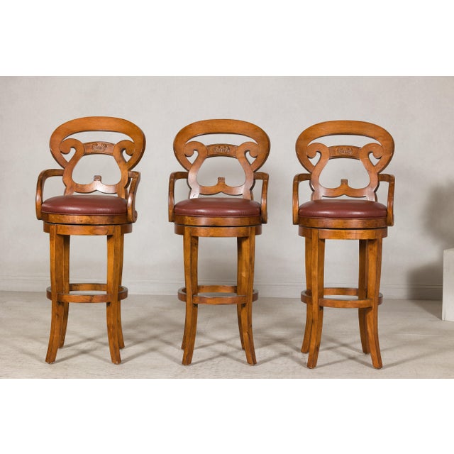 Early 21st Century Swivel Bar Stools with Carved Backs and Faux Leather Seats – Set of 3 For Sale - Image 5 of 12