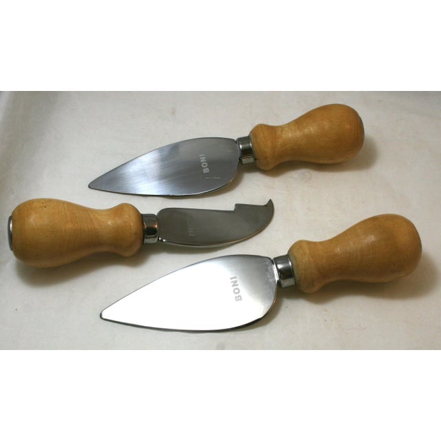 Traditional Vintage Professional 3 Pc Large Cheese Knife Set Boni Italy Stainless Steel & Beechwood For Sale - Image 3 of 6
