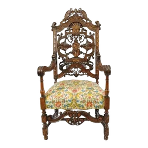 Early 20th Century Antique Italian Renaissance Figural Bird & Lion Carved Walnut Throne Chair