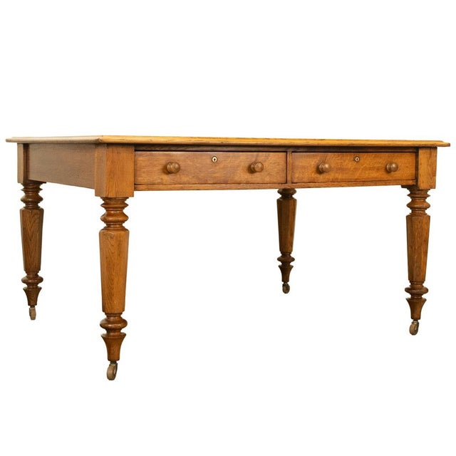 Antique English Oak & Leather Top Double-Sided Library Table Partner's Desk 1860 For Sale - Image 13 of 13