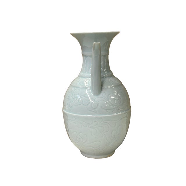 Chinese Porcelain Light Celadon White Underlay Scroll Flower Vase For Sale - Image 4 of 11