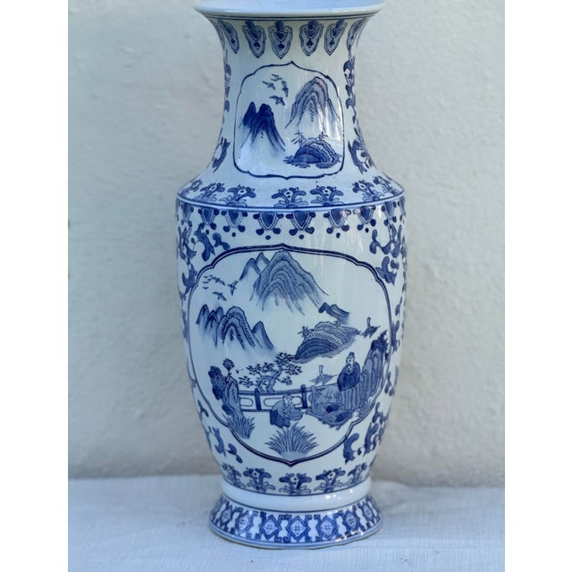 Very tall blue and white asian / Chinese ceramic urn for a dramatic floral arrangement or to stand alone . 20.5” high by...