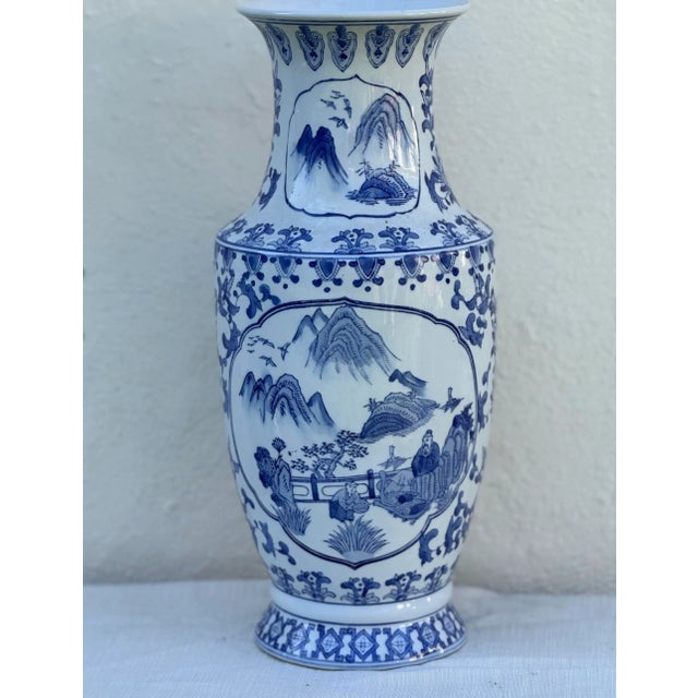 Very tall blue and white asian / Chinese ceramic urn for a dramatic floral arrangement or to stand alone . 20.5” high by...
