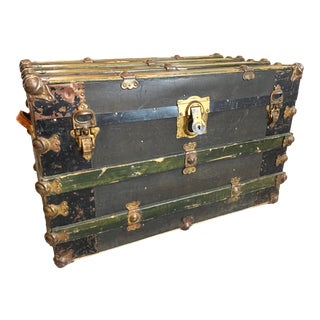 Antique Endebrock Trunk Co Dark Green Railway Travel Trunk With Brass For Sale