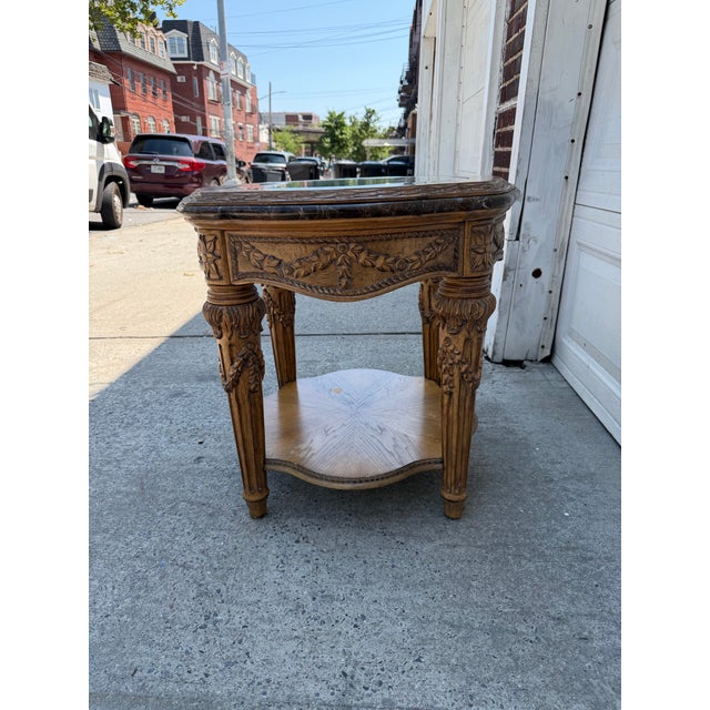 Late 20th Century French Louis XVI Style Carved Wood & Marble Glass Top Round Side Table For Sale - Image 10 of 11