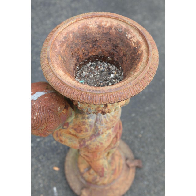 Vintage Cast Iron Garden Statue Planters With Cherubs Holding Urns a